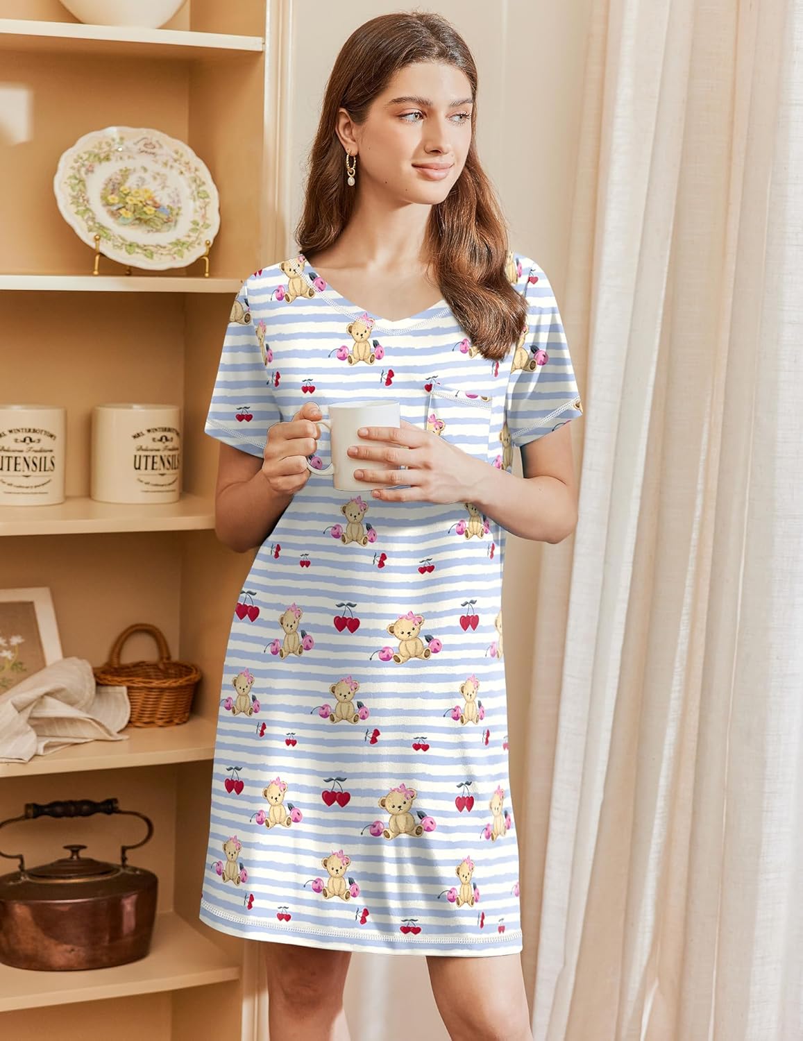 Ekouaer Short Sleeve Sleep Shirts V Neck Soft Sleepdress