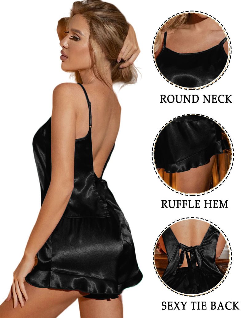 Black satin sleep set with open back and ruffle hem on the camisole