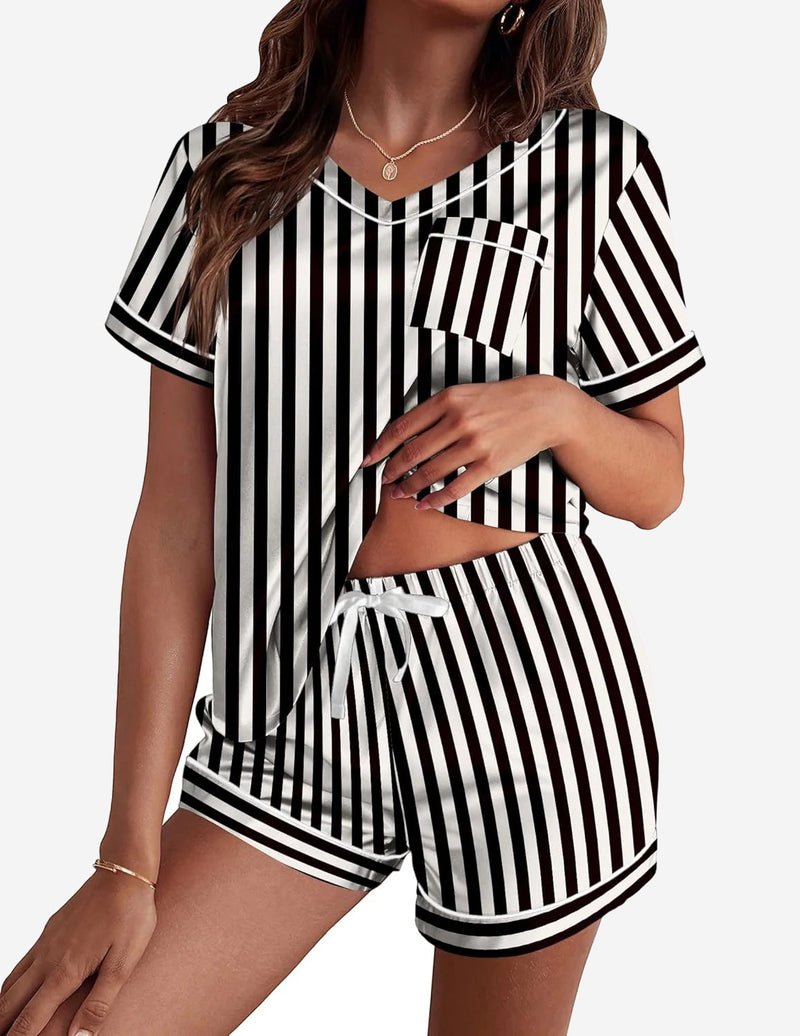Black and off-white striped satin pajama set, V-neck top and drawstring shorts