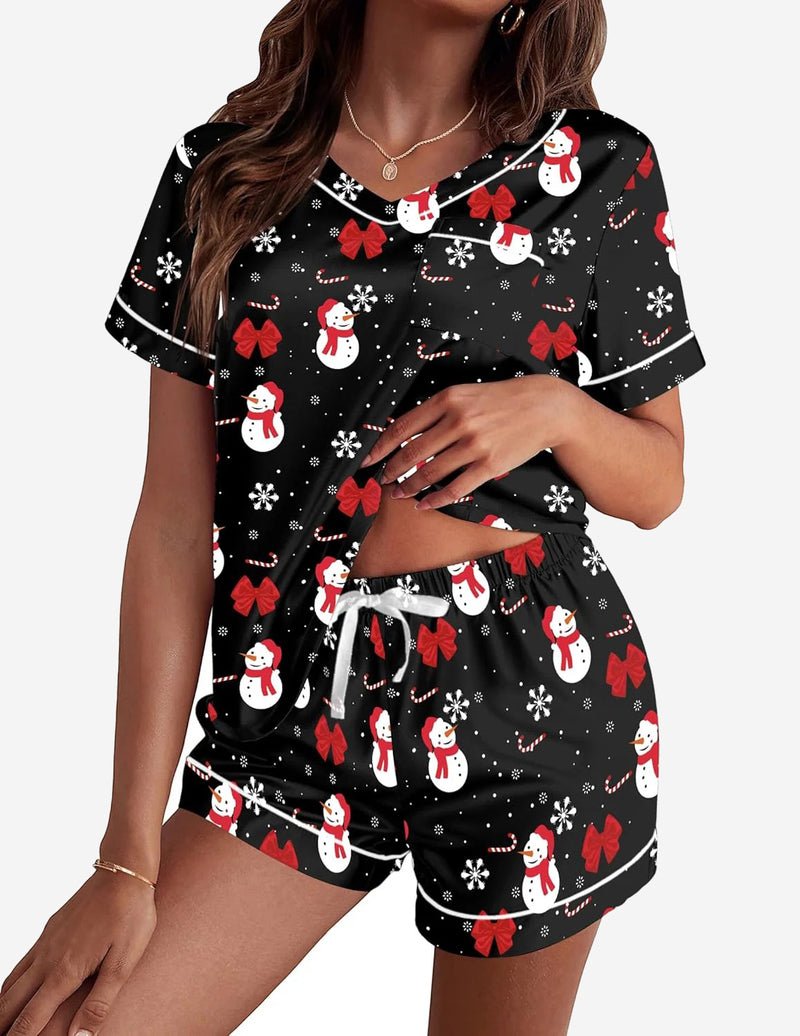 Black snowman print satin pajama set, V-neck top and drawstring shorts