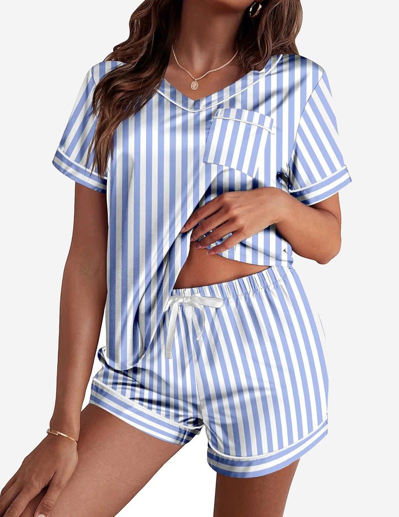 Blue-and-white striped satin pajama set, V-neck top with chest pocket and drawstring shorts