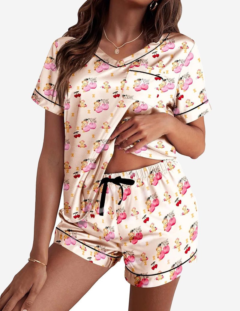 Silk pajama set, champagne teddy print, short-sleeve top and drawstring shorts
