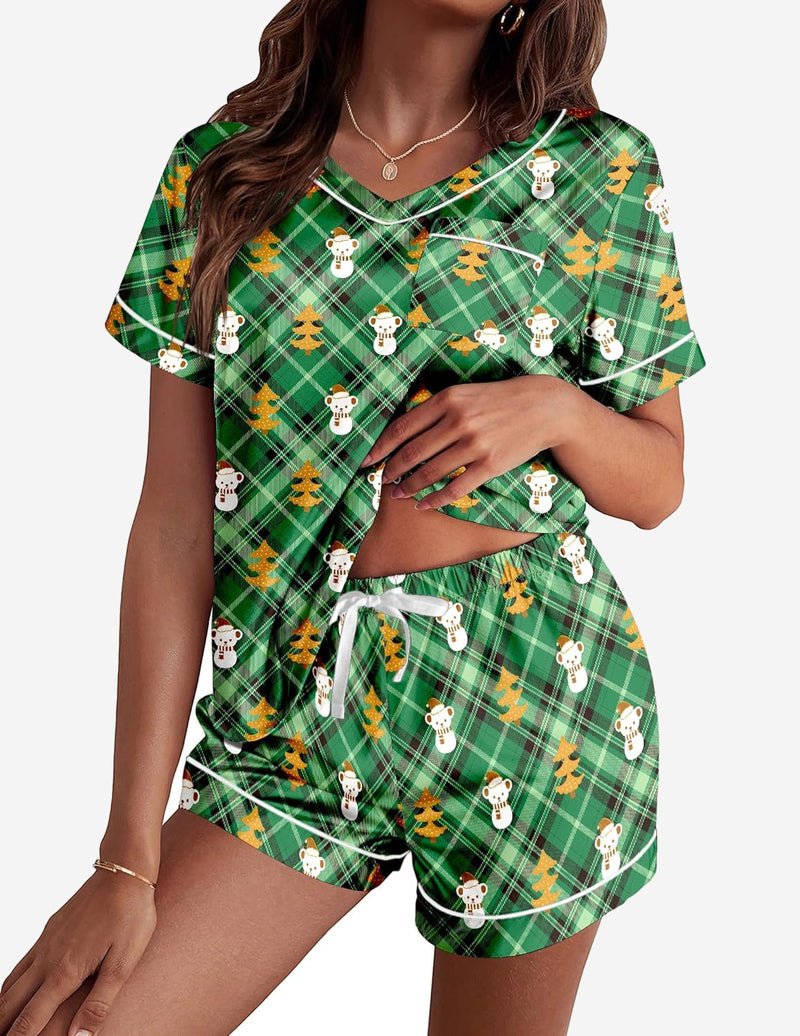 Green plaid satin pajama set: short-sleeve button top and matching shorts