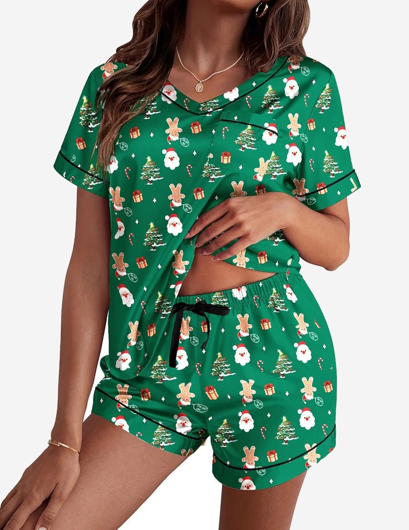 Silk pajama set, green Christmas teddy print, short-sleeve top and drawstring shorts