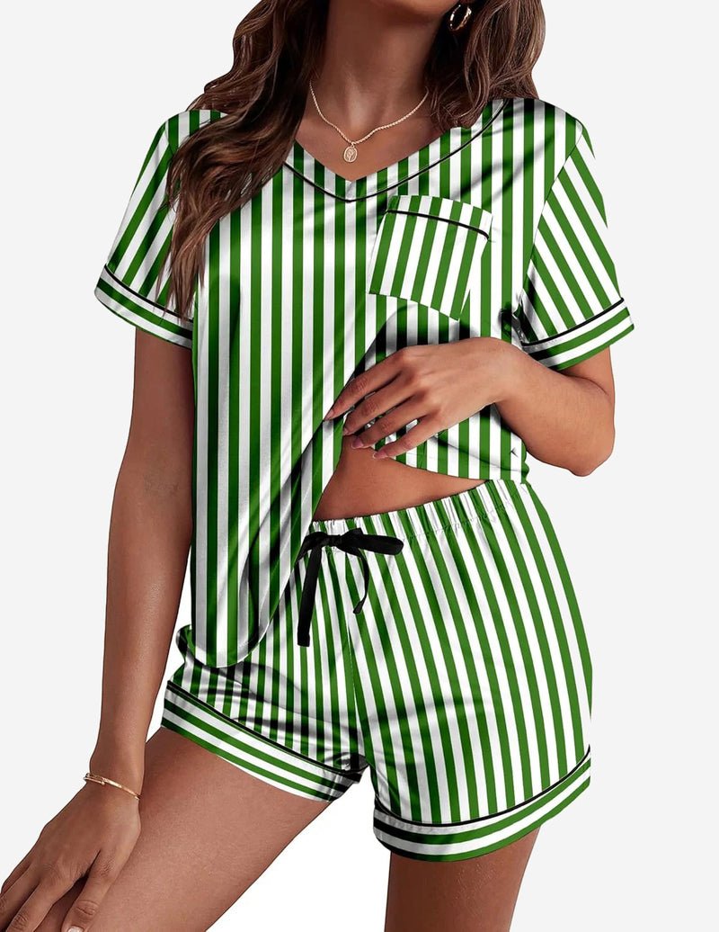 Silk pajama set, green-and-white vertical stripes, short-sleeve top and drawstring shorts