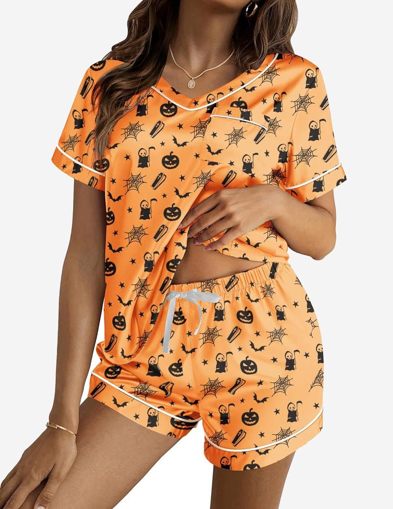 Silk pajama set, orange Halloween icons print, short-sleeve top and drawstring shorts