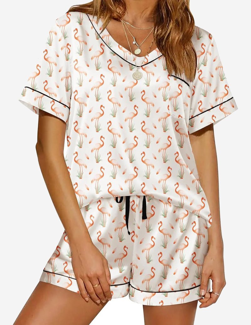 Silk pajama set, white flamingo print, short-sleeve top and drawstring shorts