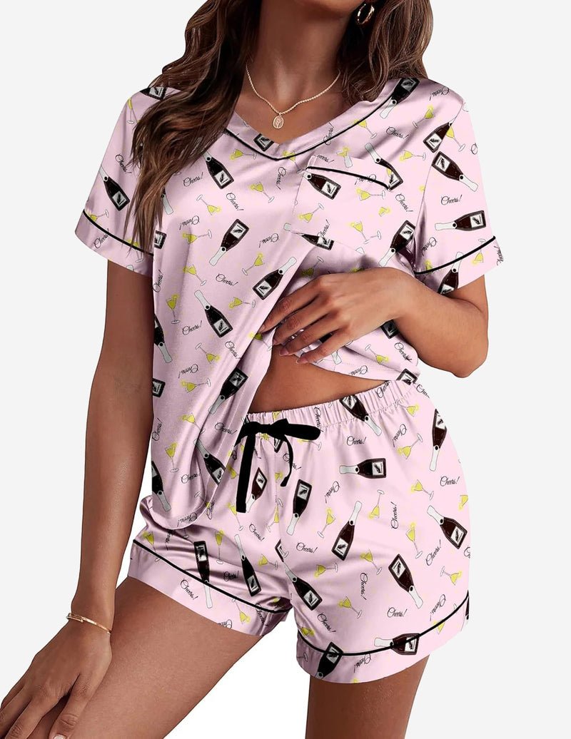 Pink wine glass print satin pajama set, V-neck top and drawstring shorts