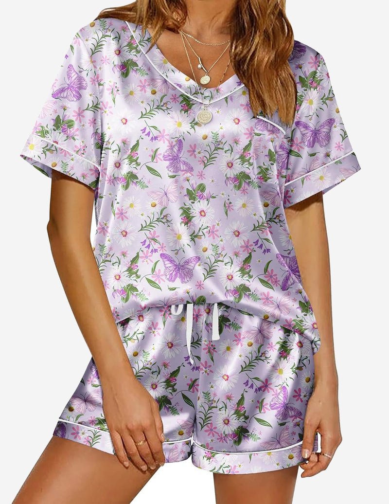 Silk pajama set, purple butterfly and daisy print, short-sleeve top and drawstring shorts