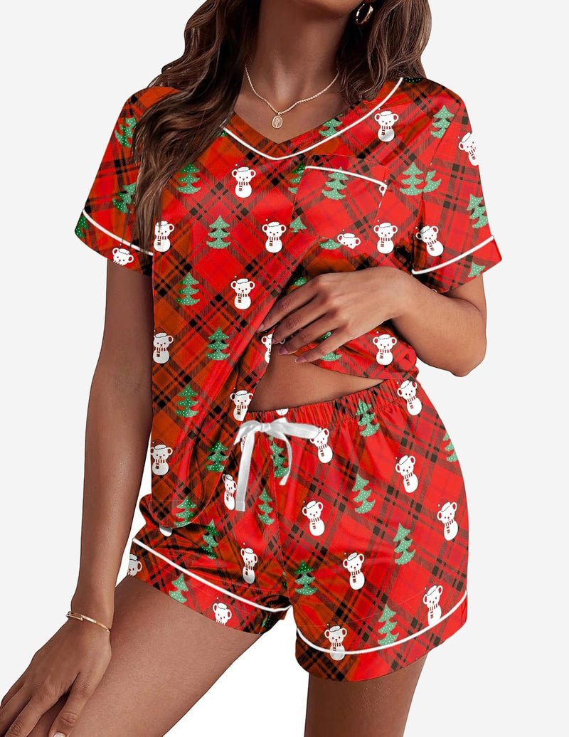 Silk pajama set, red plaid snowman and tree print, short-sleeve top and drawstring shorts