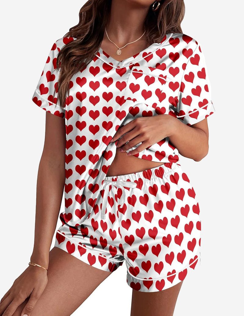 Silk pajama set, white with red hearts, short-sleeve top and drawstring shorts