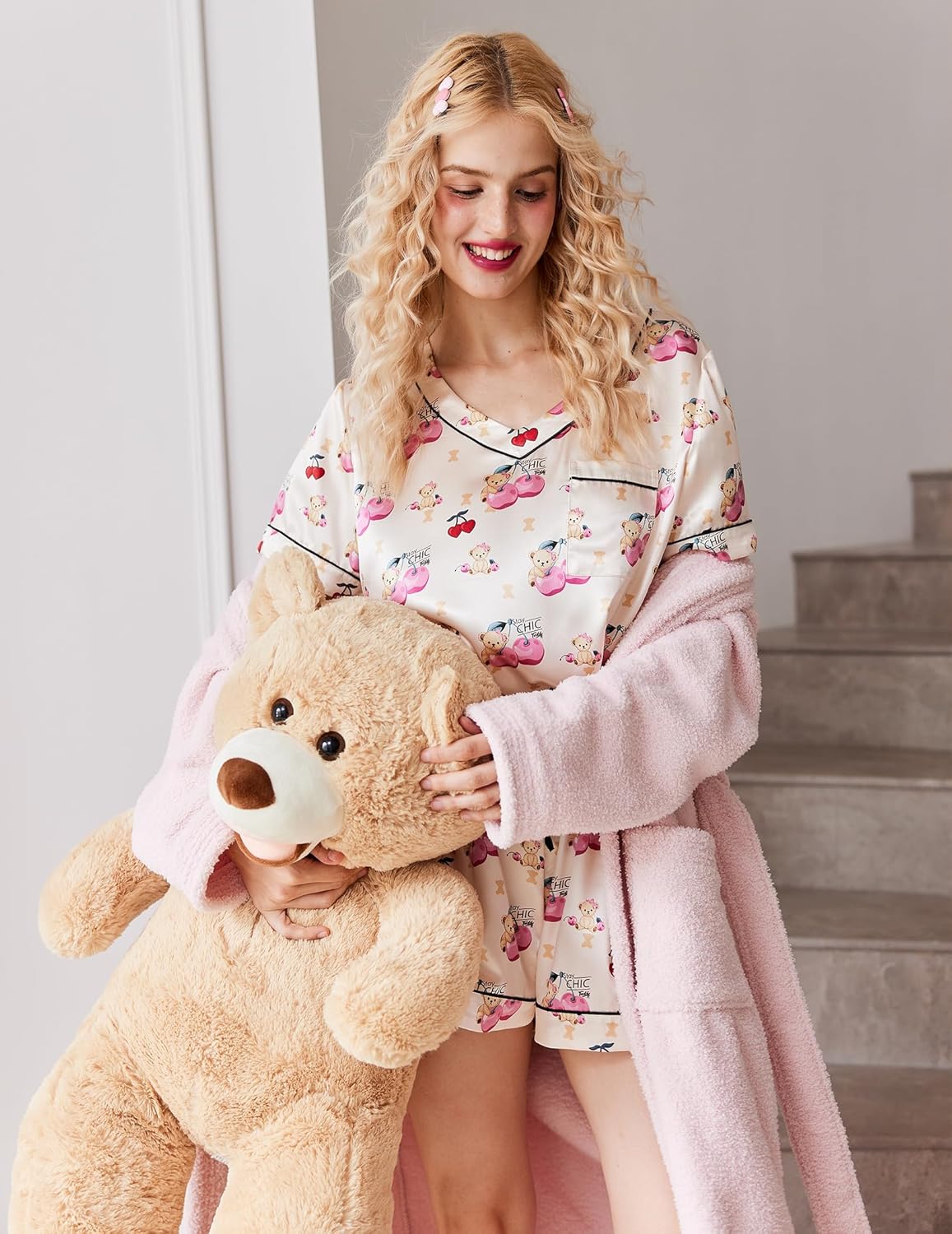 Silk pajama set, two-piece, cream teddy print with button-up collar and matching shorts