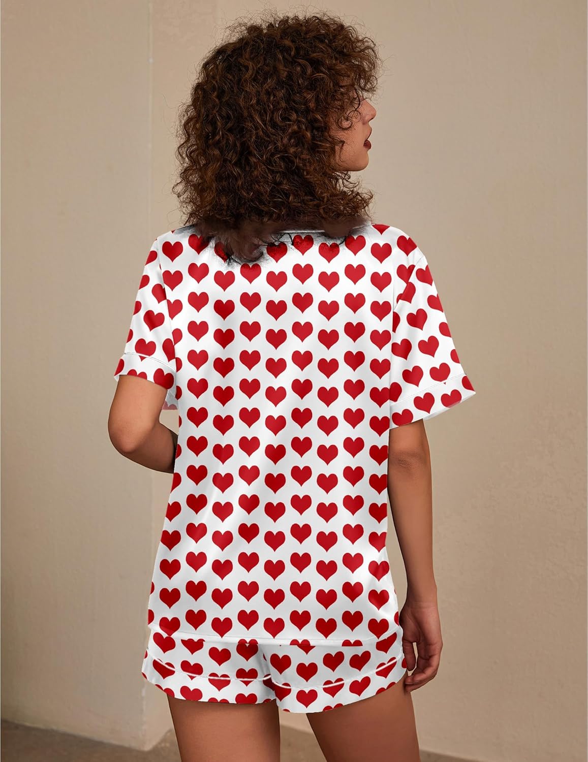 Silk pajama set, two-piece, white with red heart pattern, short top and matching shorts