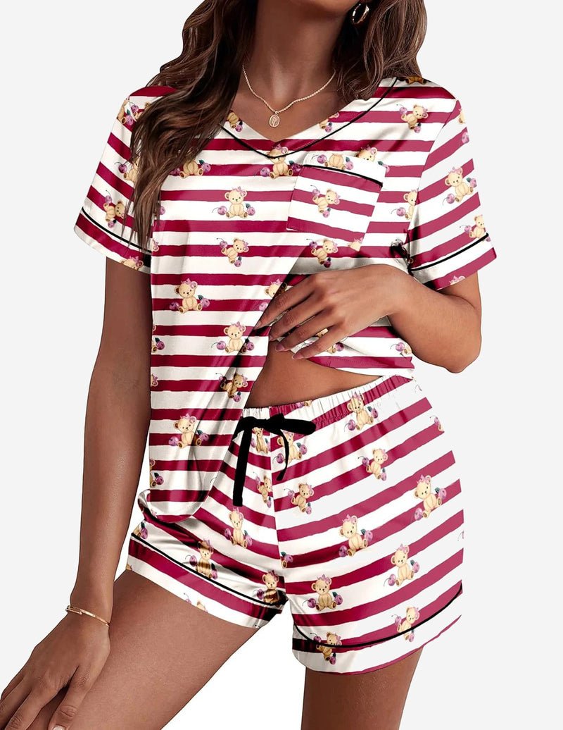 Silk pajama set, red-and-white striped teddy print, short-sleeve top and drawstring shorts