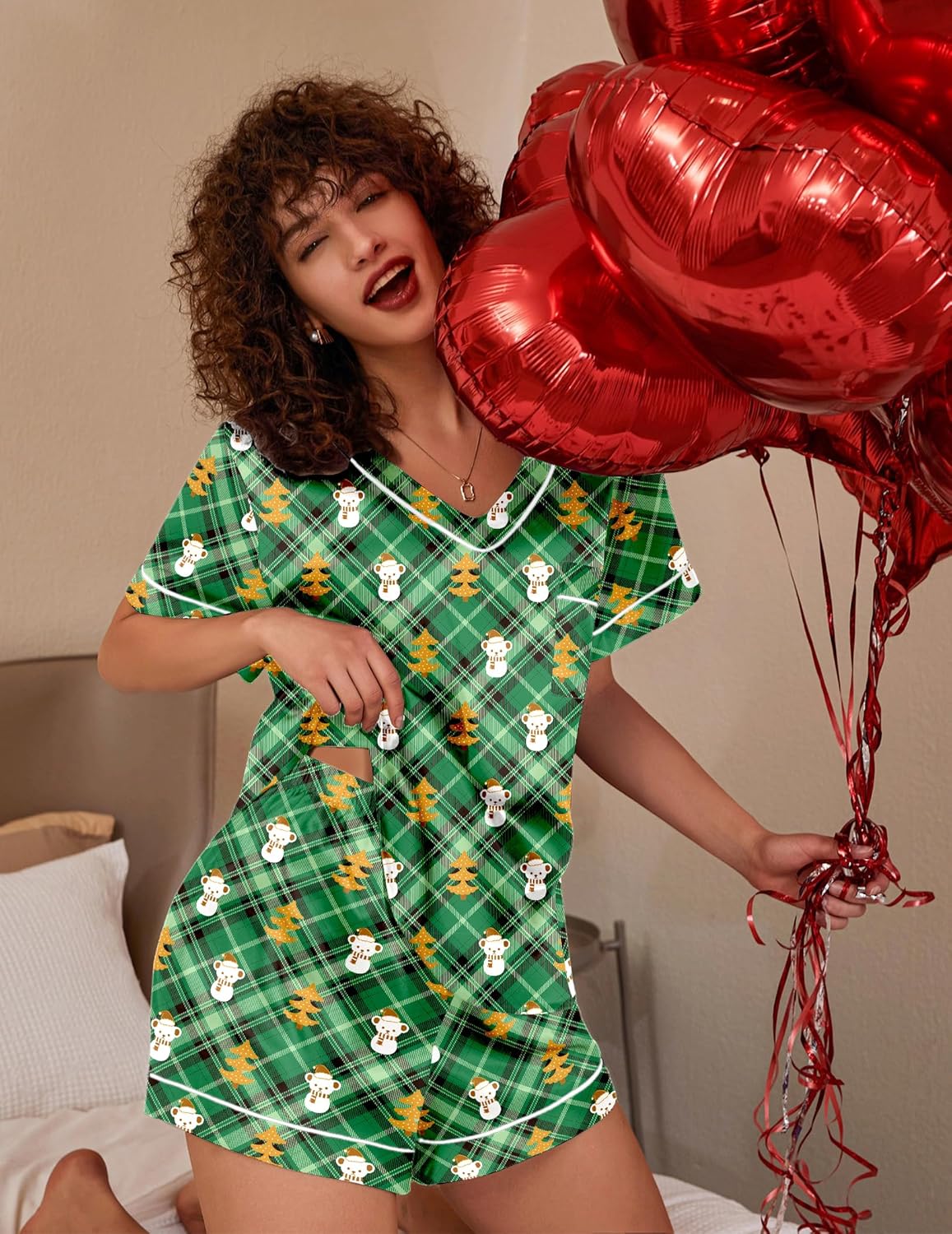 Silk pajama set, two-piece, green plaid with gingerbread and snowman print and trim