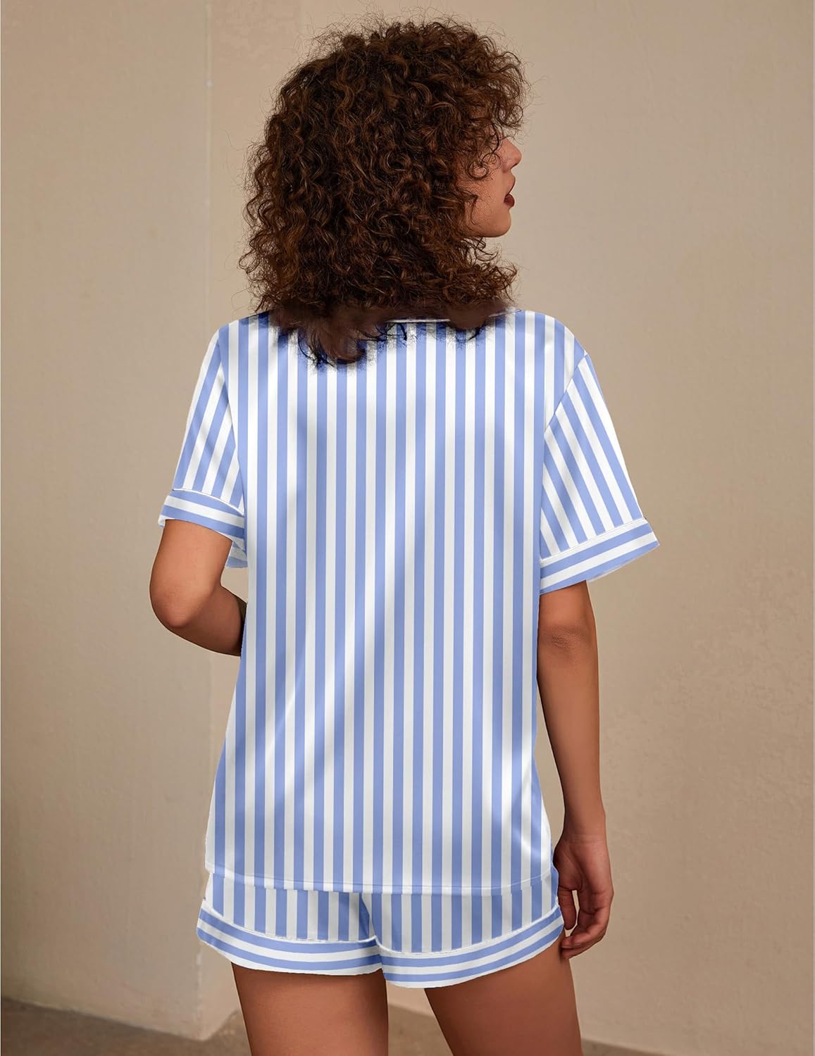 Blue-and-white striped satin pajama set, V-neck T-shirt and drawstring shorts