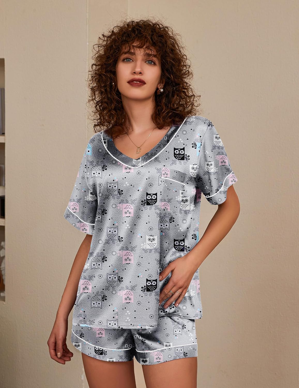 Gray owl-print satin pajama set, V-neck top with matching drawstring shorts