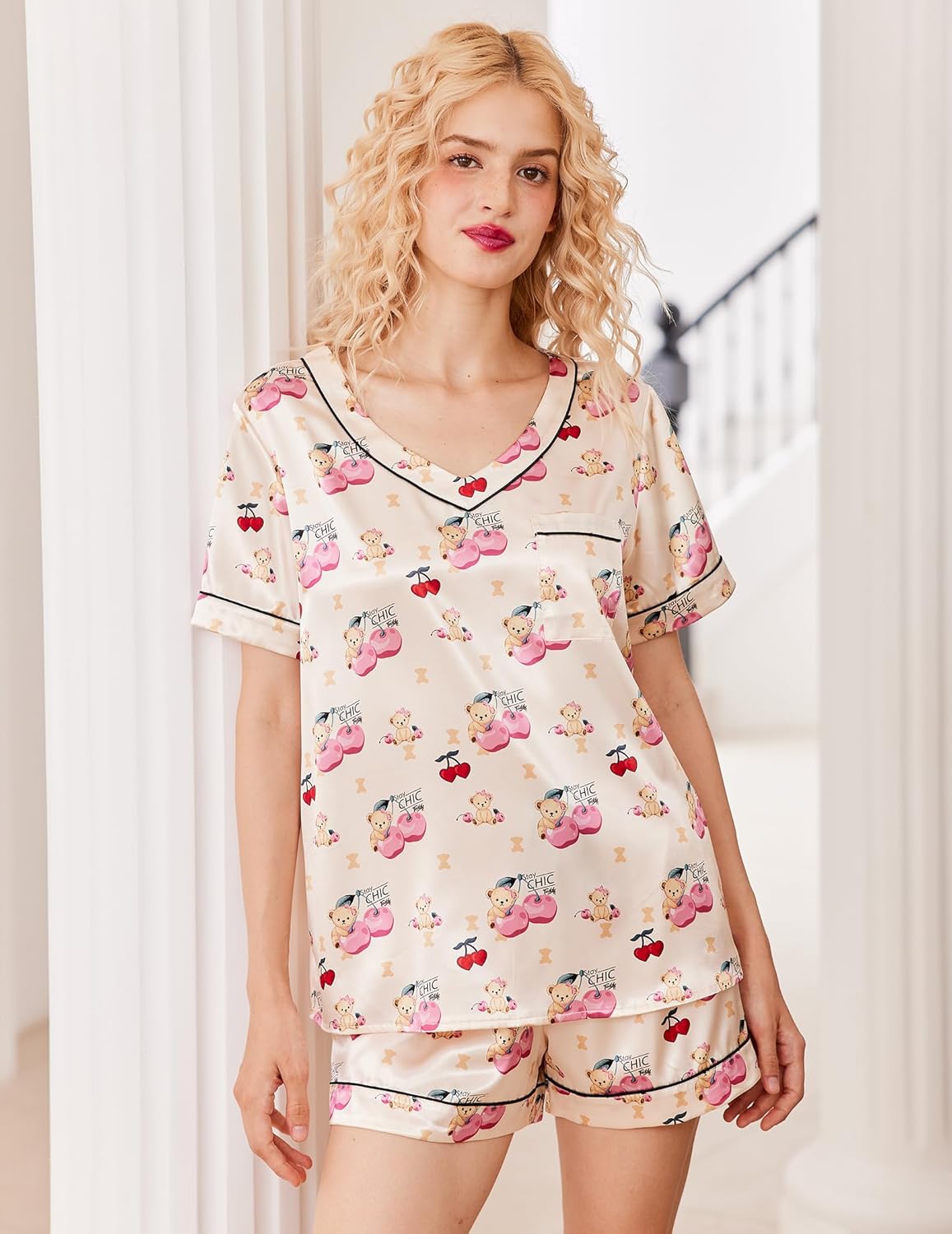 Silk pajama set, two-piece, cream with teddy bear print and ribbon-trim shorts