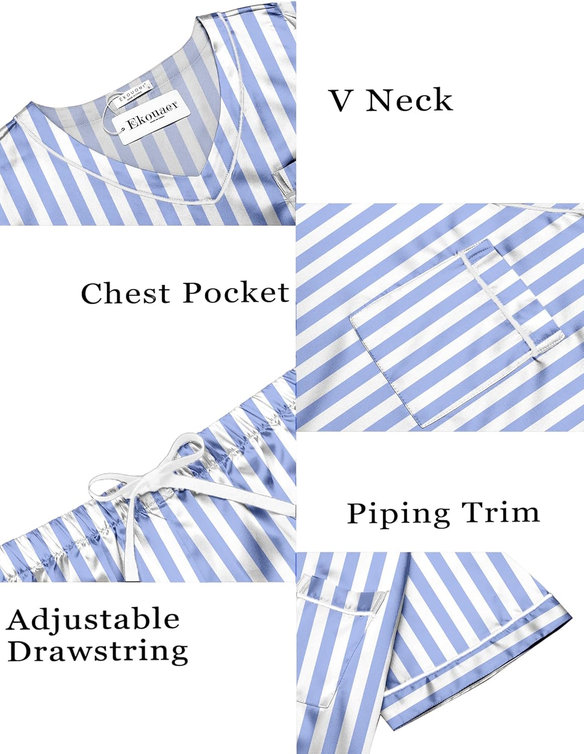 Blue-and-white striped satin pajama set details: V-neck, chest pocket, piped trim