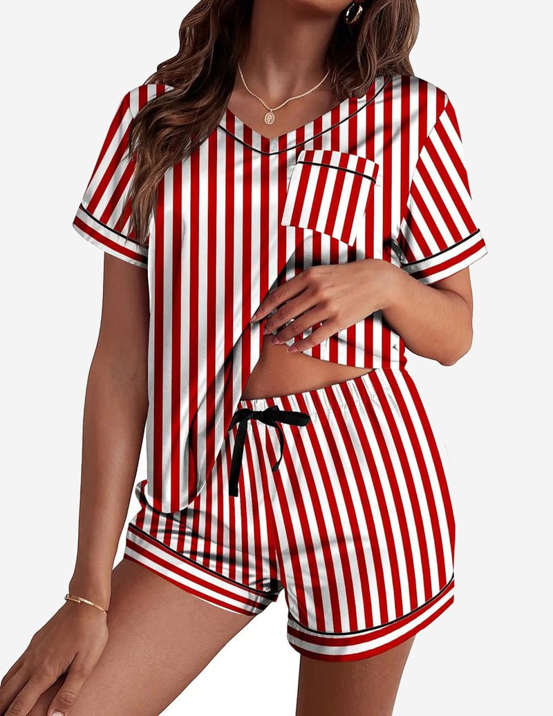 Silk pajama set, red-and-white vertical stripes, short-sleeve top and drawstring shorts