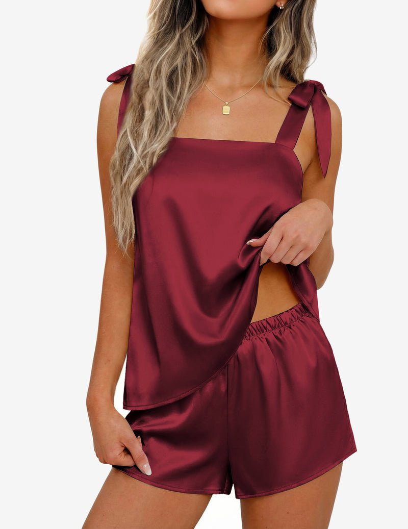 Wine red satin pajama set with bow-tie strap tank top and matching drawstring shorts