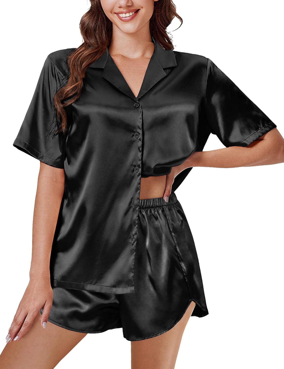 Silk pajama set, black short-sleeve button shirt and matching elastic-waist satin shorts