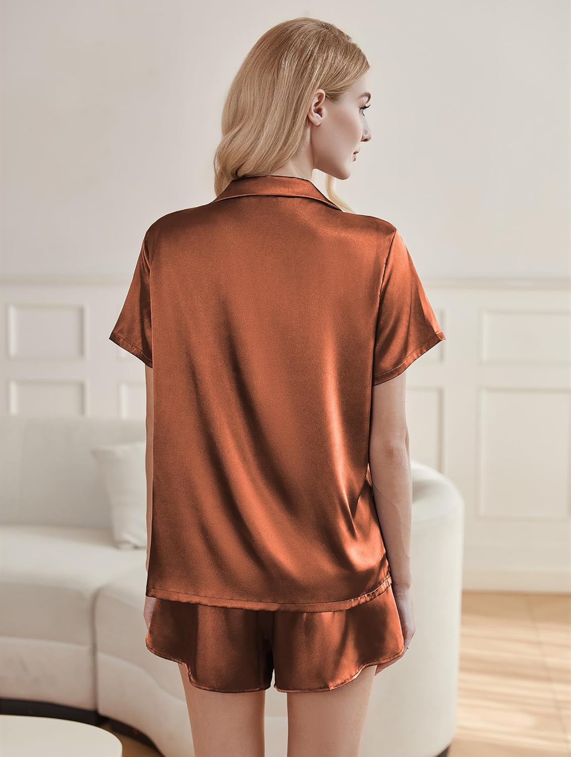Brown satin pajama set, back view of short-sleeve top and matching drawstring shorts