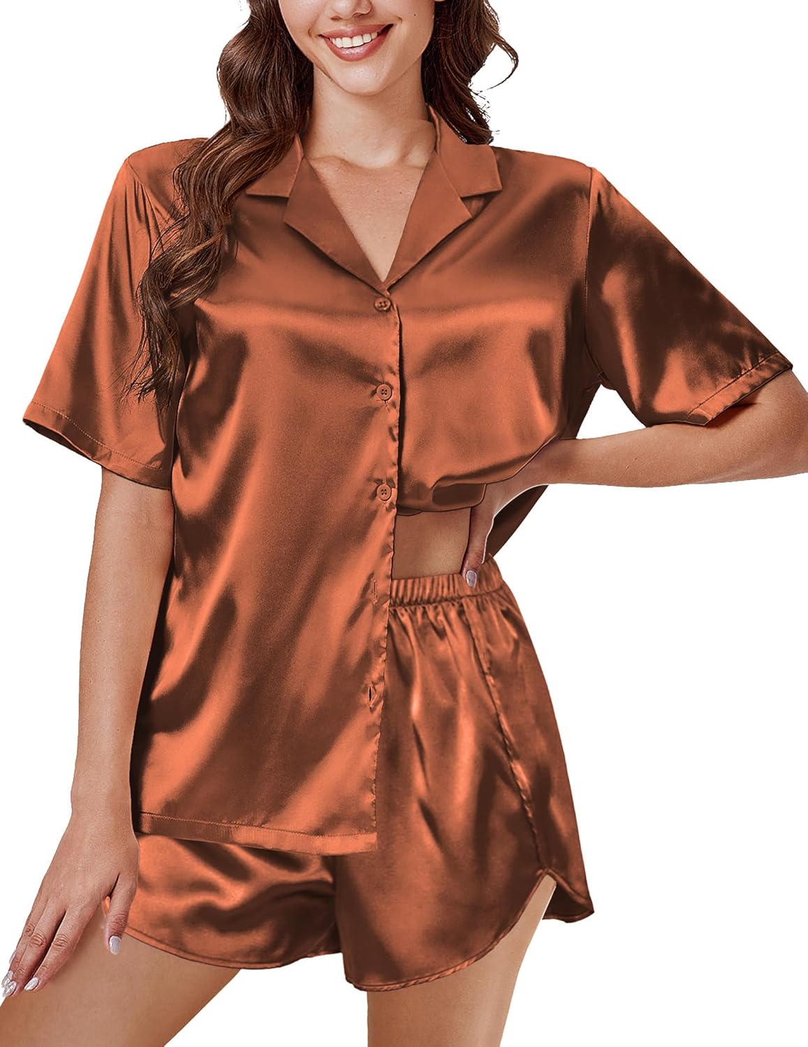 Brown satin pajama set with short sleeves: button-front top and drawstring shorts