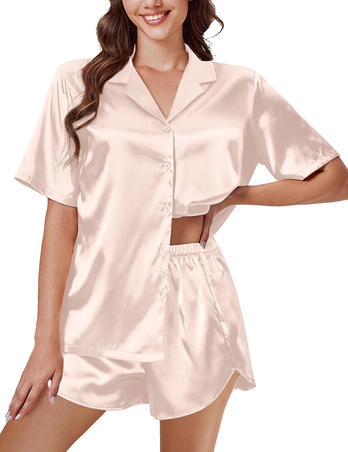 Champagne Satin-Pyjama-Set, Kurzarmhemd mit Knöpfen und Shorts