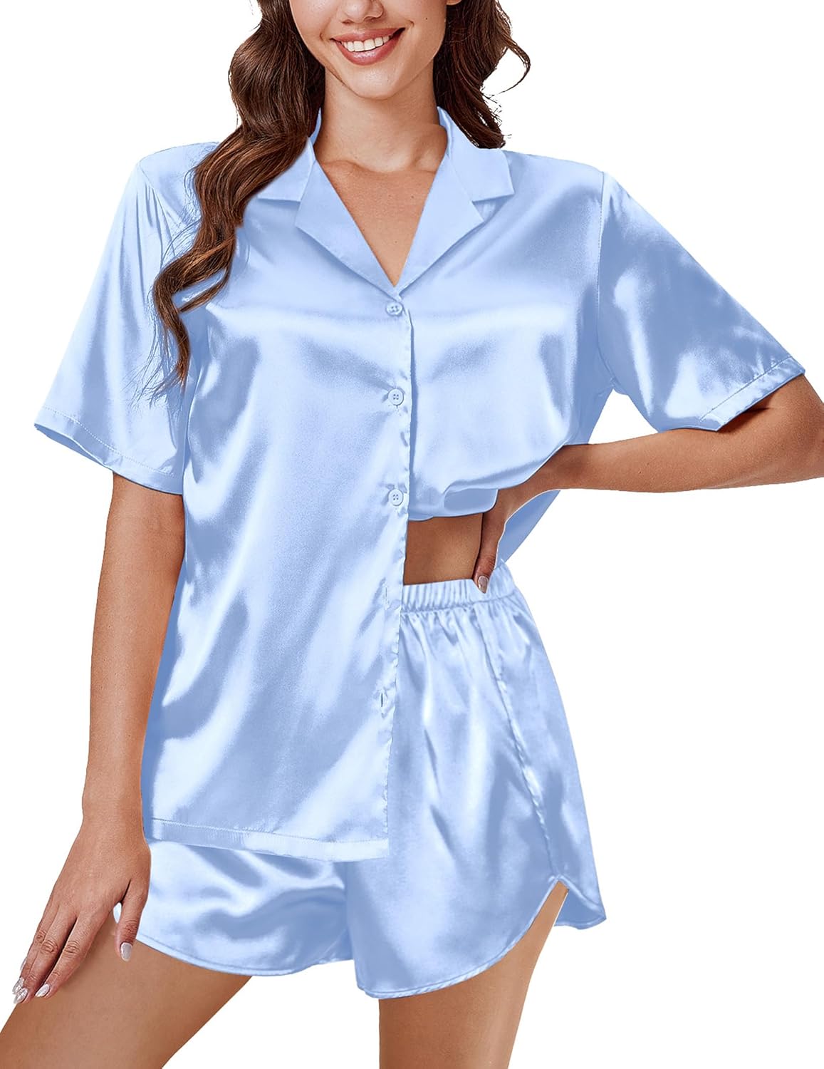 Light blue satin short-sleeve pajama set, button-front top with drawstring shorts