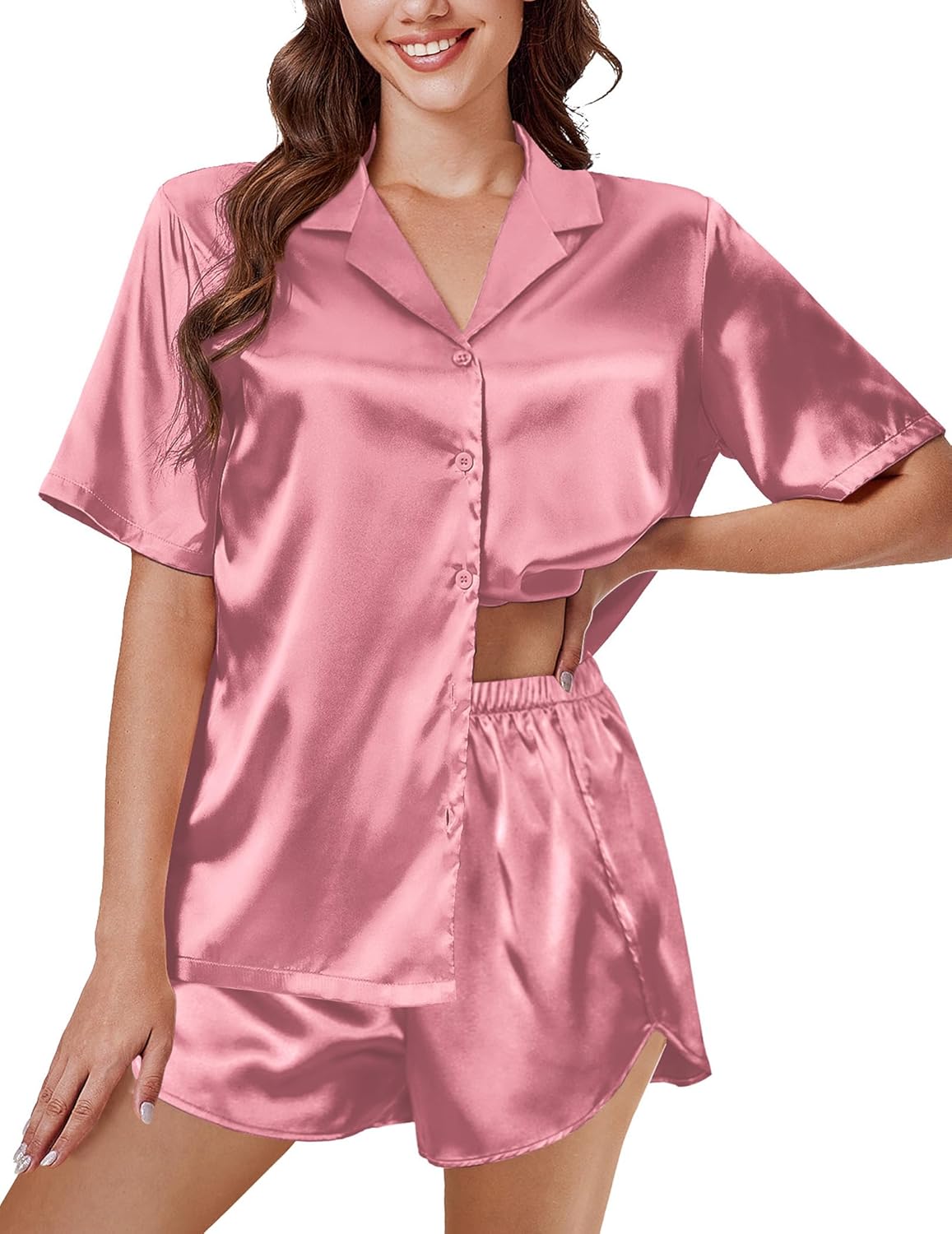 Satin pajama set, pink short-sleeve button shirt and matching drawstring-waist shorts
