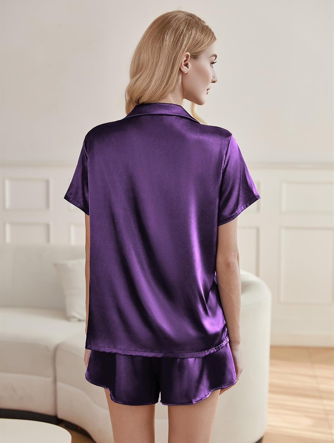 Silk pajama set, purple short-sleeve button shirt and satin shorts (back view)