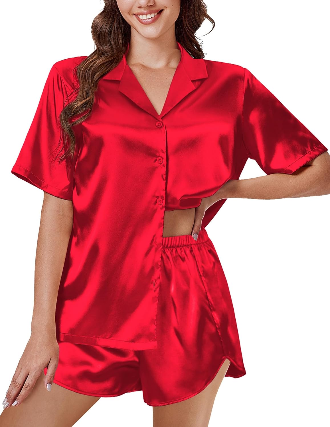 Rotes Satin-Pyjama-Set mit Kurzarmhemd und Shorts, durchgehende Knöpfe