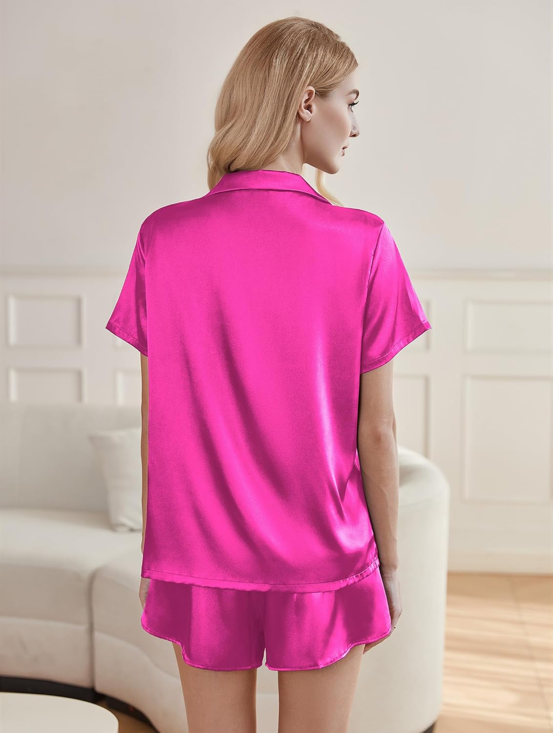 Satin pajama set, magenta short-sleeve button shirt and satin shorts (back view)
