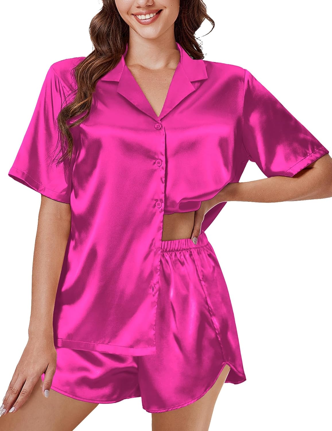 Silk pajama set, hot pink short-sleeve button shirt and matching elastic-waist shorts