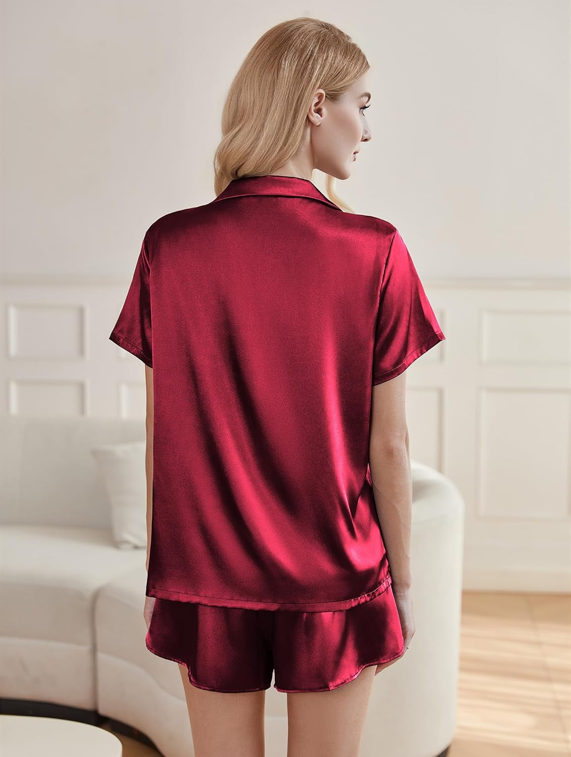 Wine red silk pajama set, back view of short-sleeve top and matching drawstring shorts