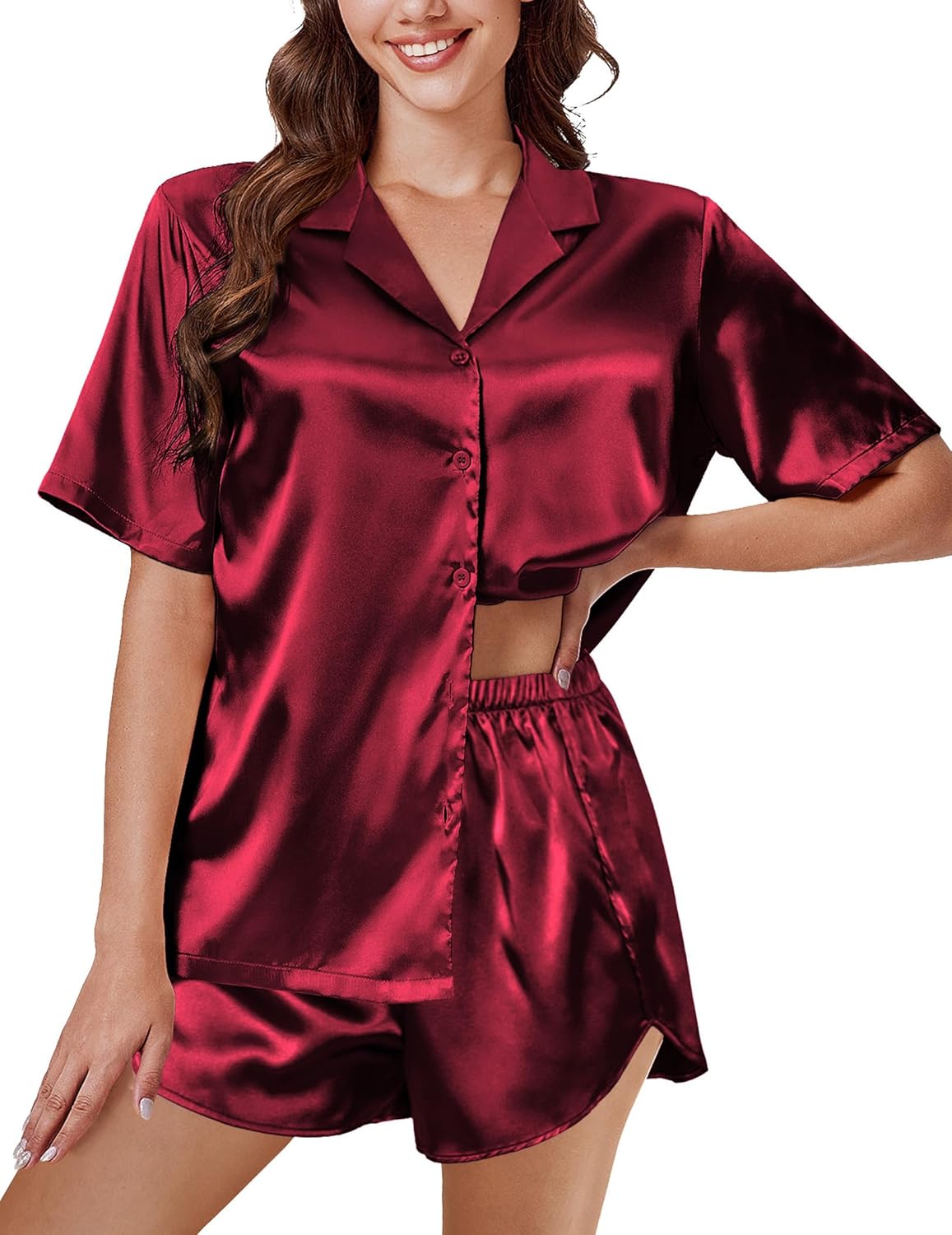 Wine red satin pajama set with short sleeves: button-front top and drawstring shorts