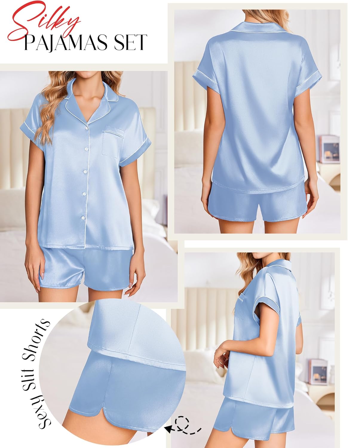 Women’s silk pajama set in light blue, button front short-sleeve top and shorts (back view)