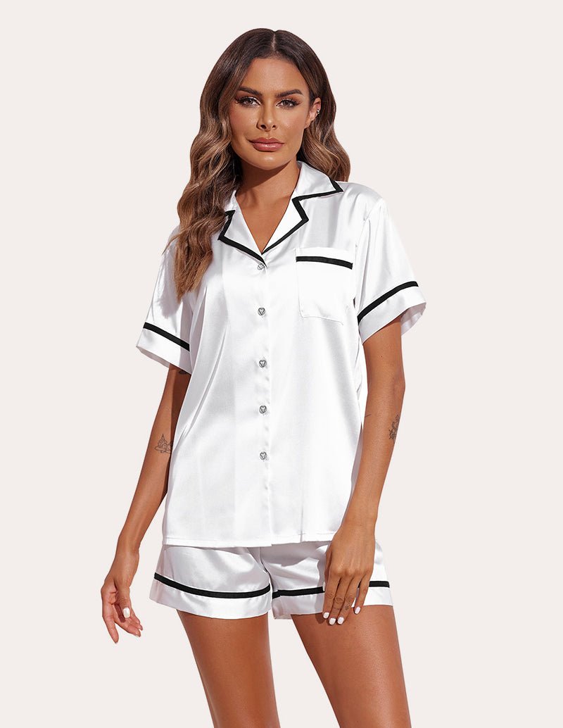 White satin sleepwear set, button-down shirt with chest pocket and matching shorts