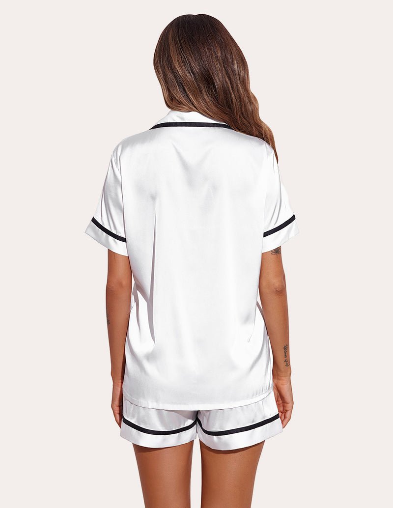 White satin sleepwear set, back view of button shirt and matching shorts