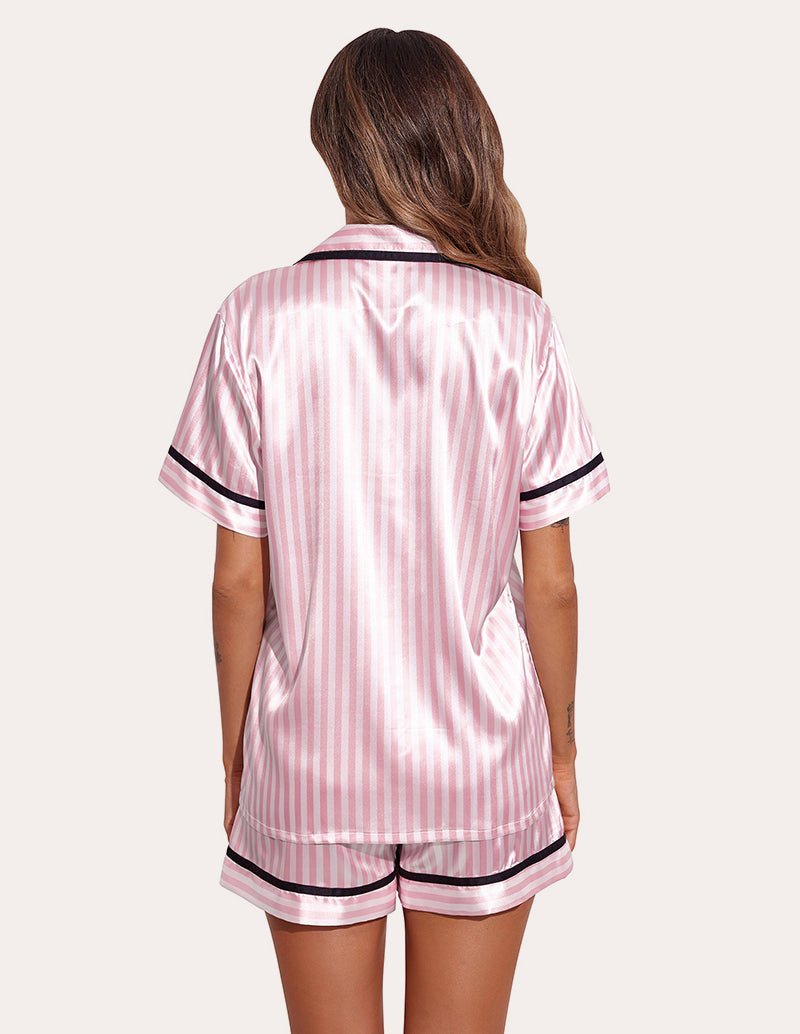 Pink striped satin sleepwear set, back view of button shirt and matching shorts