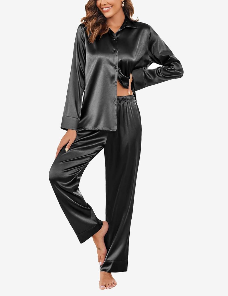 Black satin pajama set: long-sleeve button top with elastic-waist pants