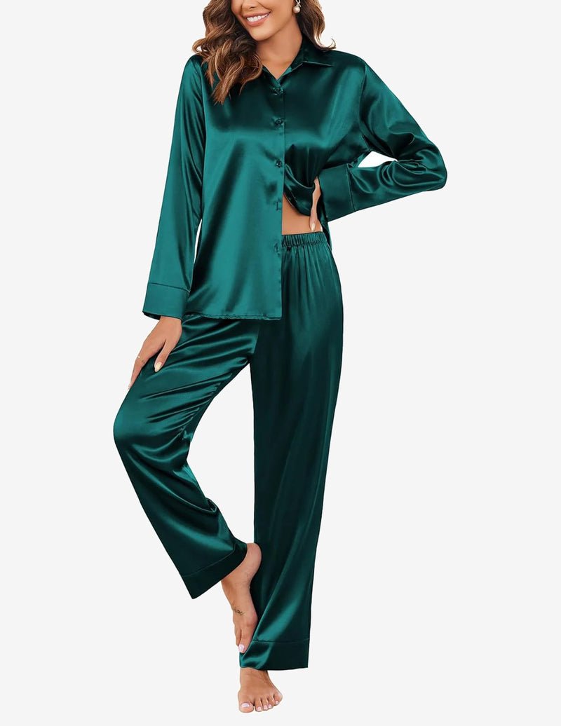 Silk satin pajama set in dark green: button-front top and wide-leg long pants