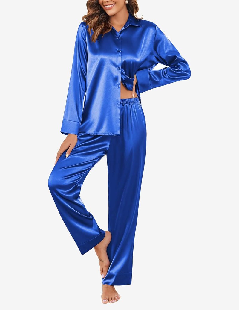 Silk satin pajama set: blue button-front top and matching long pants