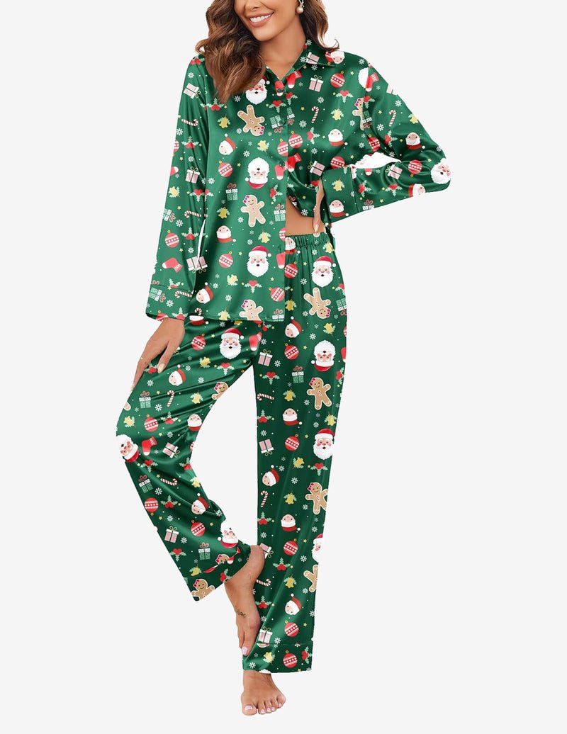 Silk satin pajama set, green holiday print with Santa and matching long pants