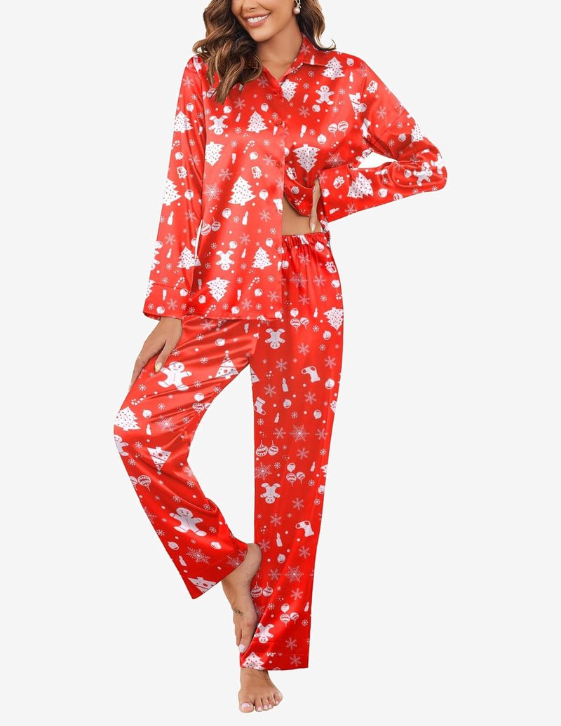 Red patterned long-sleeve pajama set with button-up top and matching full-length pants