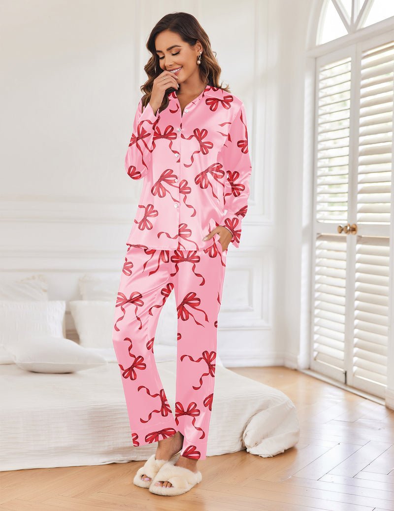Pink bow-print silk pajama set, long sleeves and full-length trousers with button front