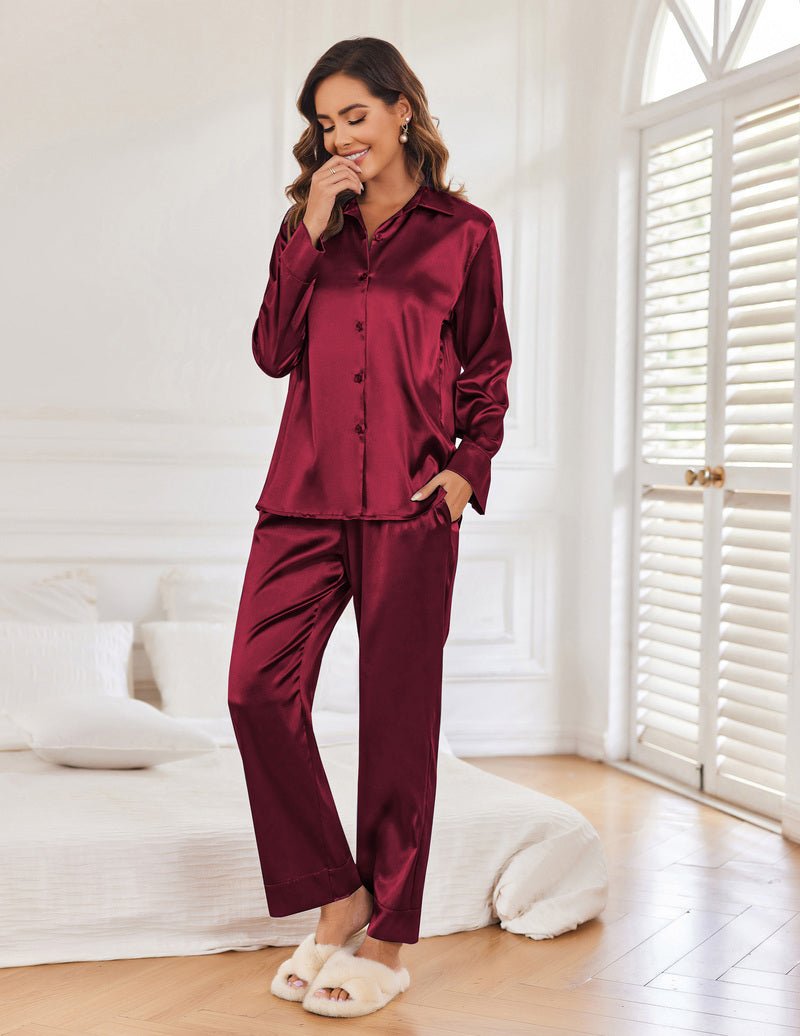 Silk satin pajama set in wine red, button-up top and ankle-length pants