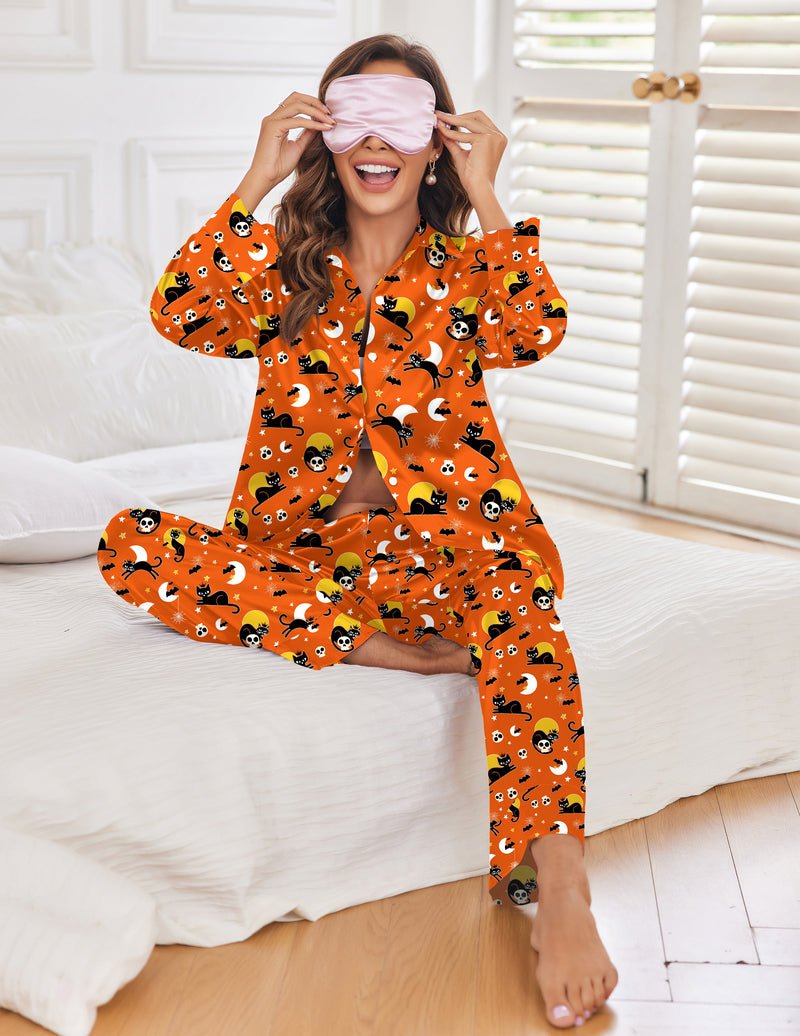 Orange Halloween patterned long-sleeve pajama set with button-front top and full-length pants