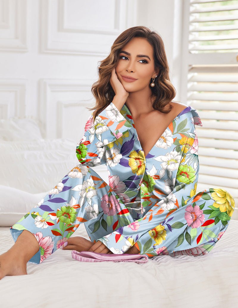 Floral satin pajama set, V-neck long-sleeve button top with matching pants